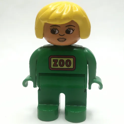 Duplo Figure, Early, Hair Bob Yellow, Green Legs, Red 'ZOO' Logo Print