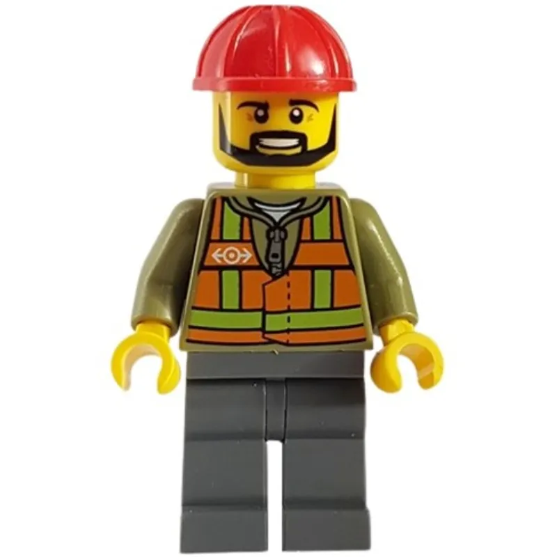 Train Worker, Orange Safety Vest with Train Logo over Olive Green Hoodie, Dark Bluish Gray Legs, Red Hard Hat, Black Beard