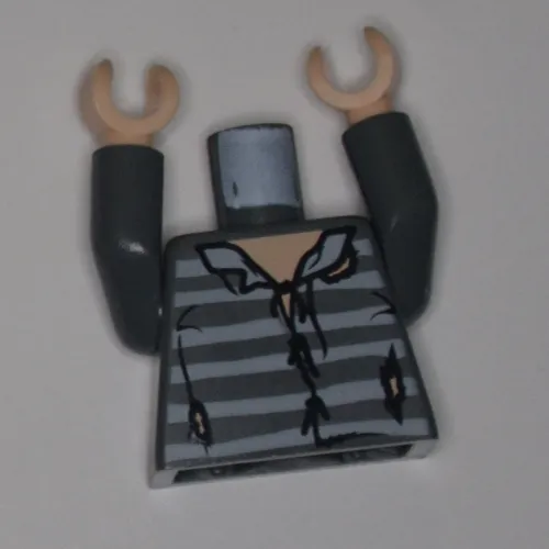Torso Shirt, Tattered with Prison Stripes Print, Dark Bluish Gray Arms, Light Nougat Hands