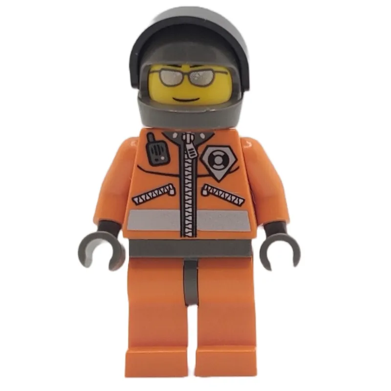 Coast Guard, Orange Jumpsuit with Zipper, Radio, and Badge, Dark Bluish Gray Hands, Dark Bluish Gray Helmet with Visor, Silver Sunglasses