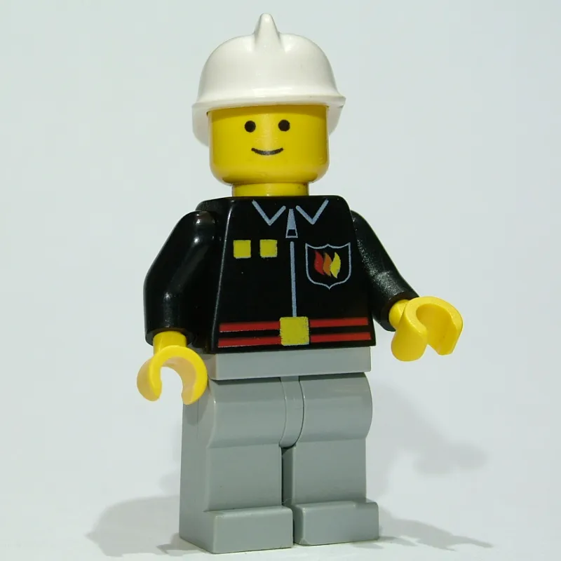 Fireman, Black Fire Jacket with Red Belt and Badge, Light Bluish Gray Legs, White Helmet