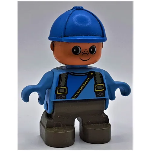 Duplo Figure, Early Child, with Helmet Blue, Dark Gray Legs, Straps and Zipper Print