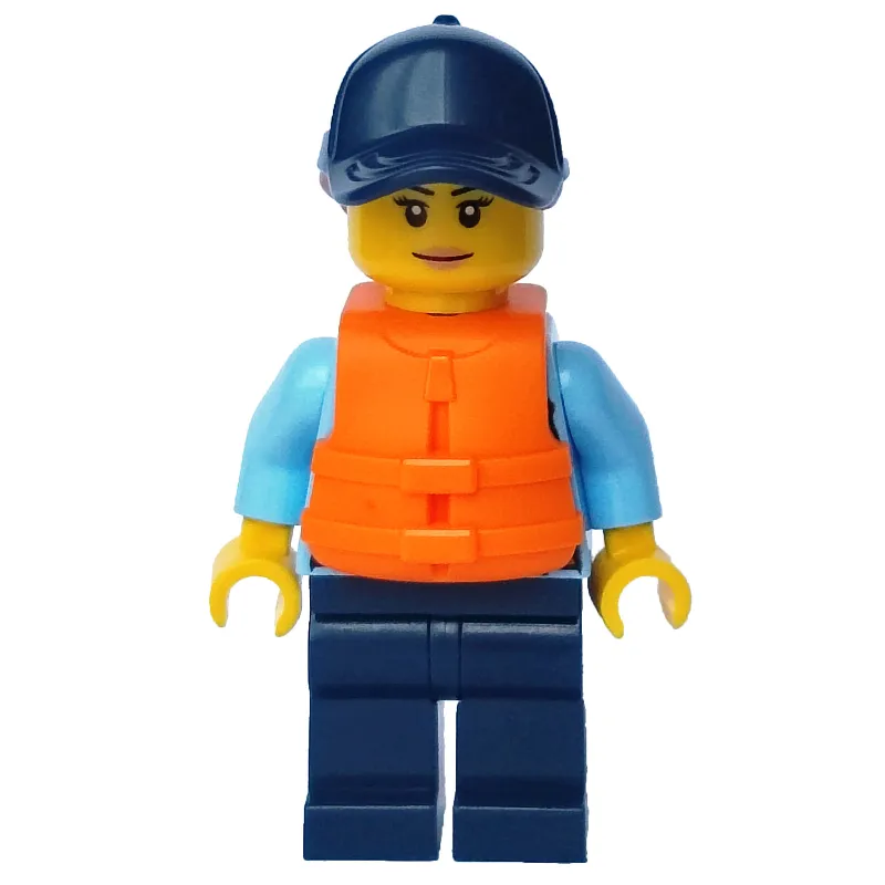 Policewoman, Bright Light Blue Shirt with Radio and Badge, Dark Blue Legs, Dark Blue Cap with Hair, Orange Life Jacket