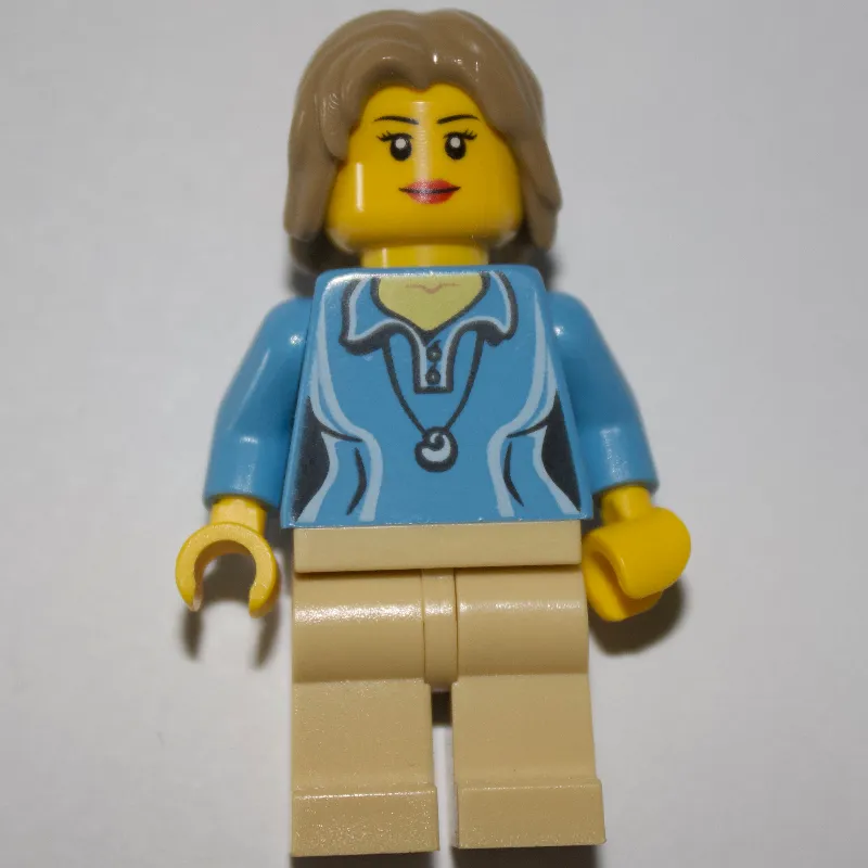 Woman, Medium Blue Polo Shirt with Necklace, Tan Legs, Dark Tan Hair