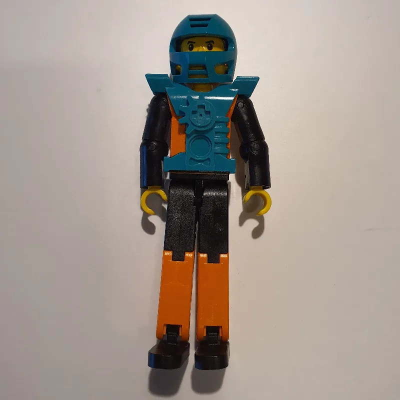 Technic Figure Orange/Black Legs, Orange Torso with Silver Print, Black Arms, Black Hair - Dark Turquoise Helmet