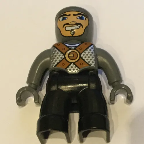 Duplo Figure with Rounded Head with Black Legs, Dark Bluish Gray Chest with Brown Belts, Dark Bluish Gray Arms, Dark Bluish Gray Hands
