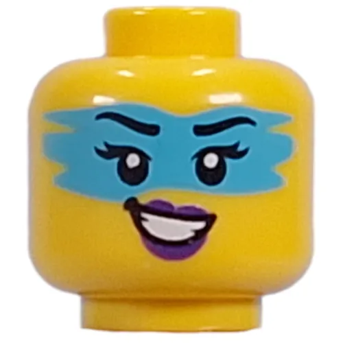 Minifig Head Zoey, Dark Azure Face Paint, Dark Purple Lips, Lopsided Open Mouth Smile/Lopsided Grin