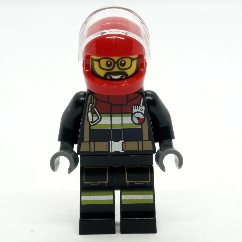Firefighter, Black Fire Suit, Red Helmet with Visor, Glasses