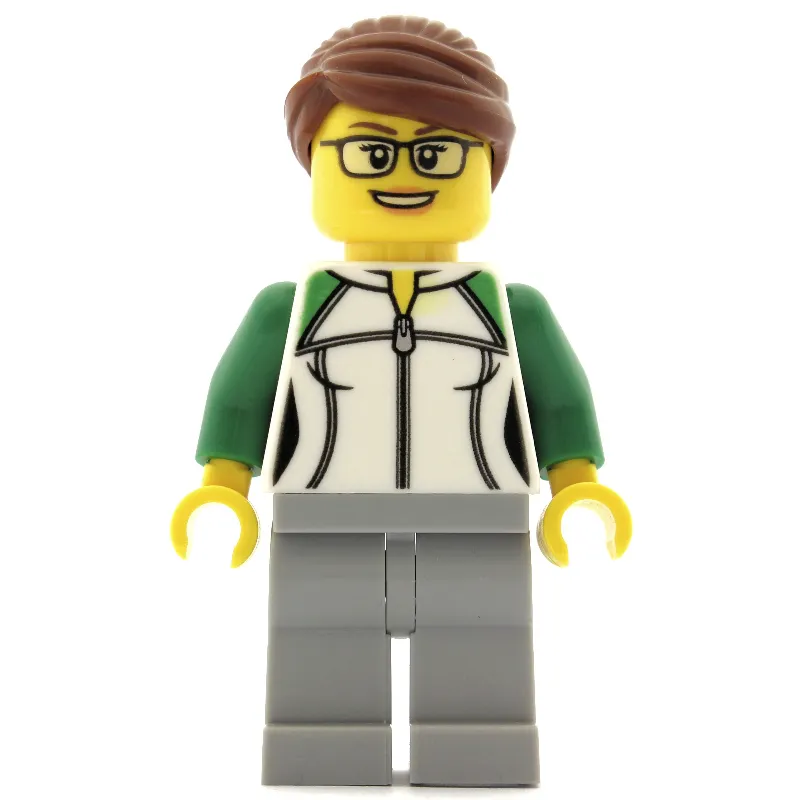 Woman, Green and White Jacket with Zipper, Light Bluish Gray Legs, Reddish Brown Hair, Glasses