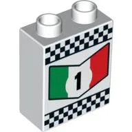 Duplo Brick 1 x 2 x 2 with '1' in Green, White and Red Chevron and Checkered Border Print