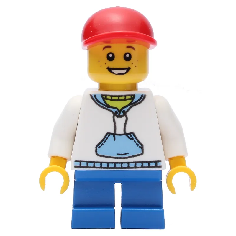 Boy, White and Blue Hoodie, Short Blue Legs, Red Cap