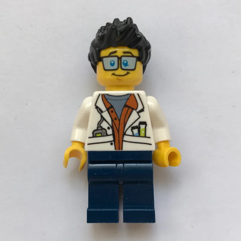 Scientist, Open White Jacket over Dark Orange Shirt, Dark Blue Legs, Glasses