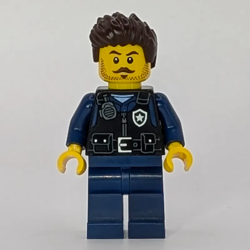 Police Officer, Black Vest, Dark Blue Legs, Dark Brown Hair, Moustache