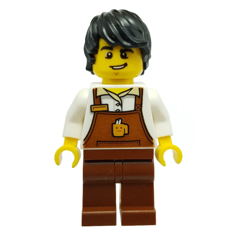 Barista, Man, White Torso, Reddish Brown Apron, Black Hair