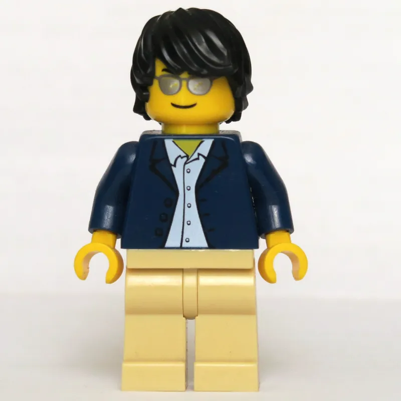 Man, Open Dark Blue Jacket, Tan Legs, Black Hair, Silver Sunglasses