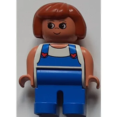 Duplo Figure, Early, Hair Bob Dark Orange, Blue Legs, White Top with Blue Overalls with Red Hearts Print