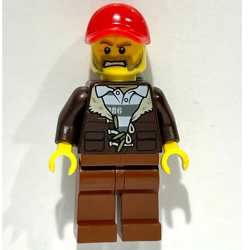 Criminal, Open Dark Brown Jacket over Prison Shirt, Red Cap, Beard