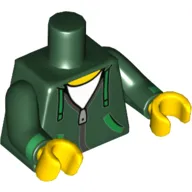 Torso Hoodie with Silver Zipper and Green Ties and Pockets over White Shirt Print, Dark Green Arms with Green Cuffs Print, Yellow Hands