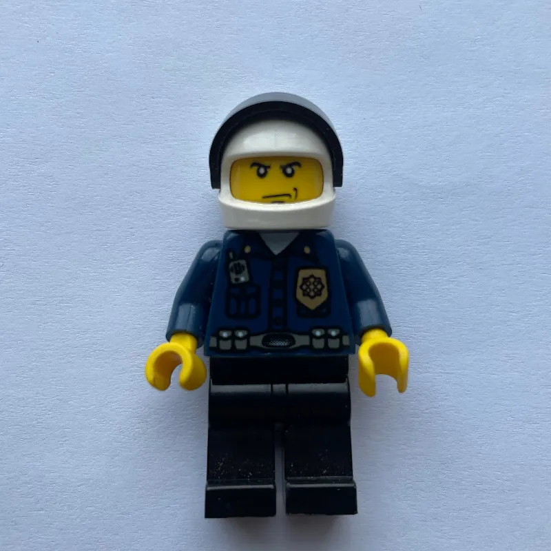 Policeman, Dark Blue Shirt with Radio and Badge, Black Legs, White Helmet with Visor