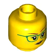 Minifig Head Freya McCloud, Green Glasses, Peach Lips, and Smile / Raised Eyebrow