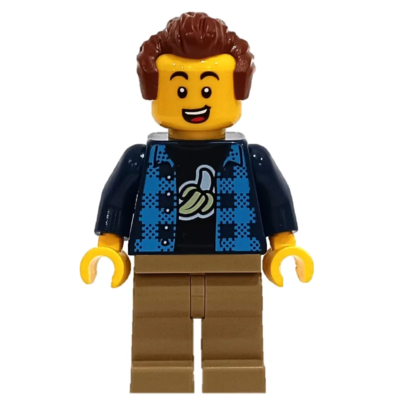 Man, Open Dark Blue Plaid Shirt, Dark Tan Legs, Reddish Brown Hair