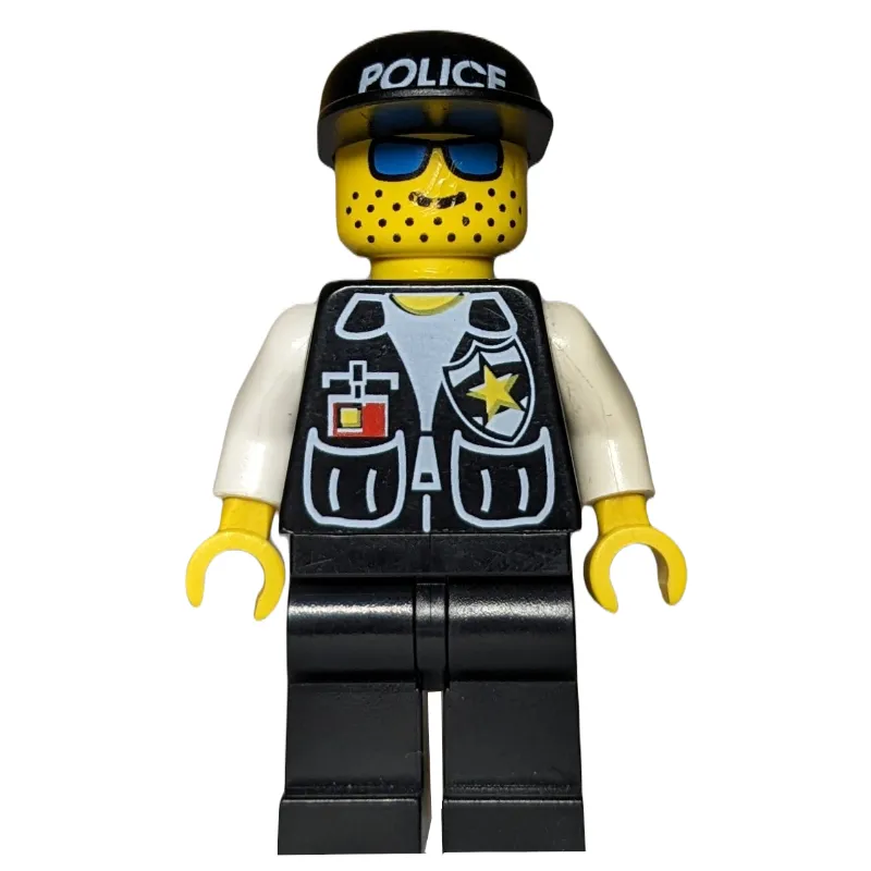 Policeman, Black Vest with Badge and Pockets, Black Legs, Black Cap with 'POLICE', Blue Sunglasses