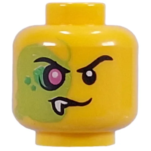 Minifig Head Mutant Blacktron, Black Eyebrows, Right Side Lime, Dark Green Sports, Purple Eye, Fang