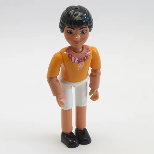 Belville Figure Articulated Elbows, Child, Female, Black Hair, White Shorts, Orange Top with Floral Garland with Butterfly and Ribbon Print
