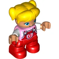 Duplo Figure Child with Ponytails and Bangs Yellow, with Red Coveralls with Star on Pocket over Striped Top with White Sleeves Print - Nougat Face and Hands - Red Legs