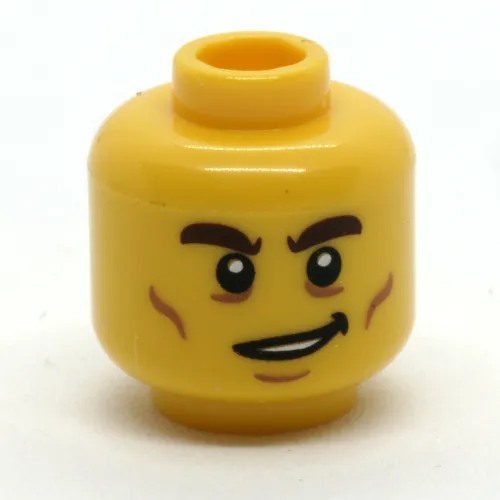 Minifig Head, Dark Brown Eyebrows, Cheek Lines, Crooked Smile print