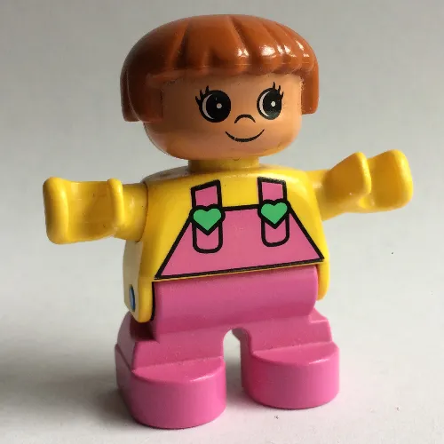 Duplo Figure, Early Child, with Straight Hair Fabuland Brown, Dark Pink Legs, Dark Pink Overalls with Medium Green Hearts on Straps Print