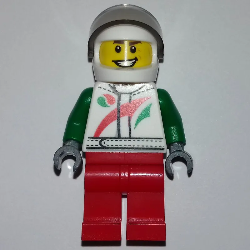 Racer, White and Green Jacket with Octan Logo, Red Legs, White Helmet with Trans-Brown  Visor