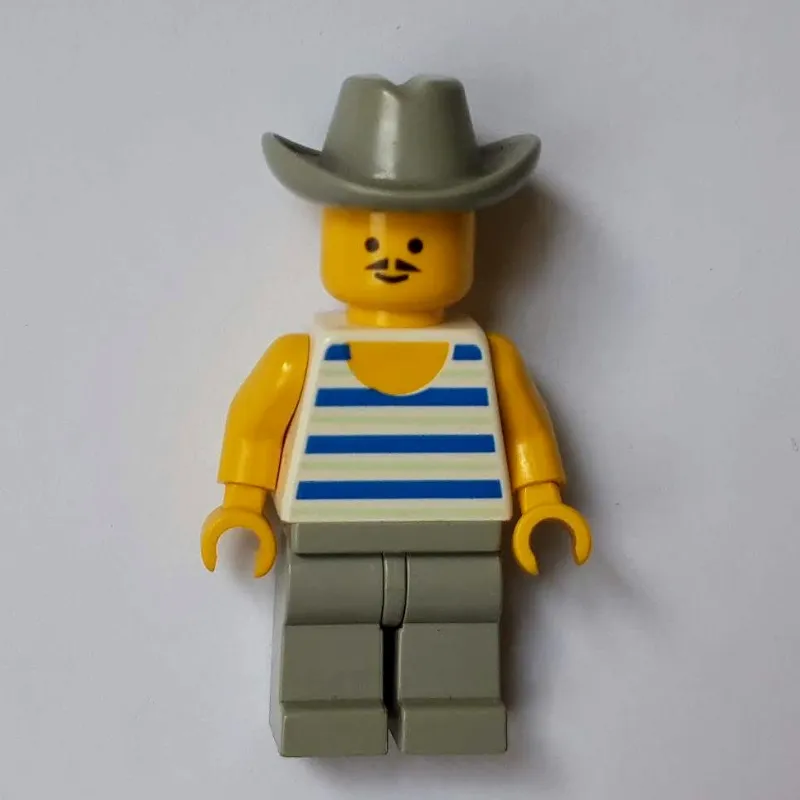 Man, Blue and White Striped Tank Top, Light Gray Cowboy Hat, Moustache