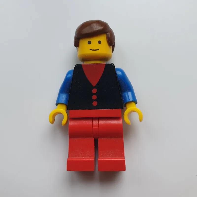 Man, Black Vest over Red Shirt, Red Legs, Brown Hair