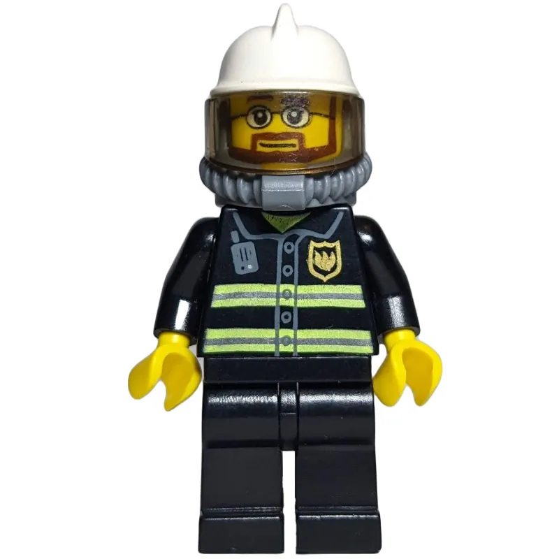 Fireman, Black Fire Jacket with Reflective Stripes, Radio, and Badge, White Helmet with Visor, Breathing Apparatus, Airtanks, Beard and Glasses