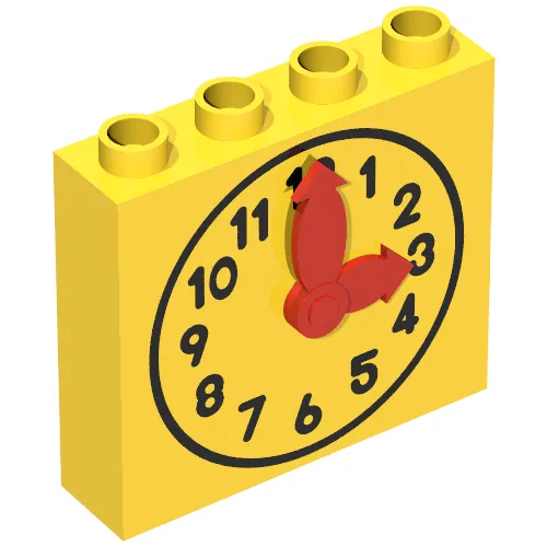 Duplo Brick 1 x 4 x 3 with Movable Red Hands and Yellow Clock Face Print