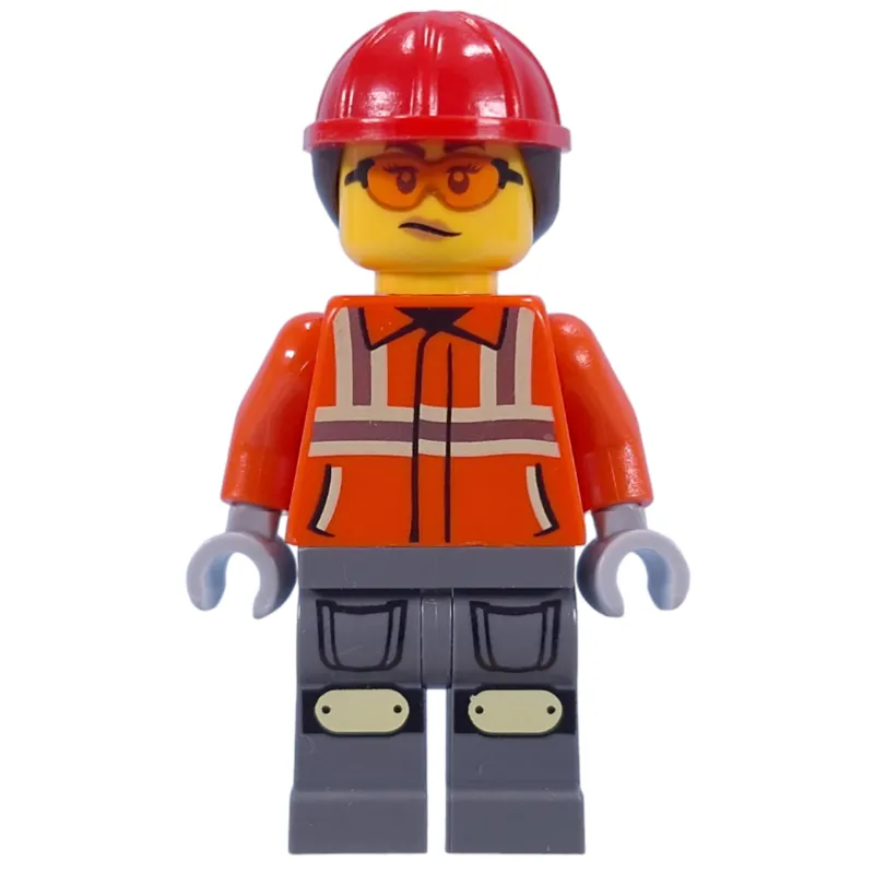 Construction Worker, Reddish Orange Jacket, Red Hard Hat with Ponytail