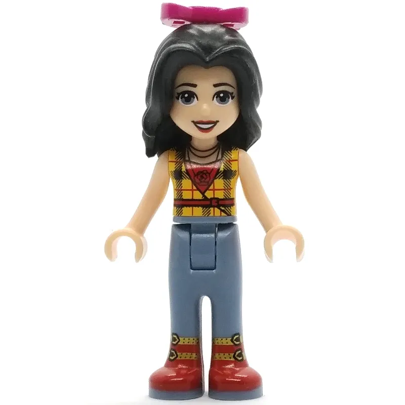 Vicky - Yellow Plaid Shirt, Sand Blue Trousers, Magenta Bow