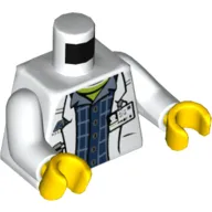 Torso Lab Coat with Pockets and ID Badge over Plaid Shirt and Lime Top / 'AC RESEARCH' on Back Print, White Arms, Yellow Hands