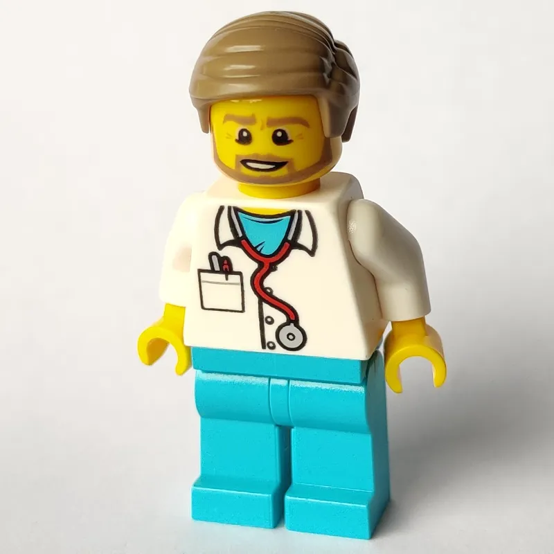 Doctor, White Shirt over Medium Azure Scrubs with Stethoscope and Pocket, Dark Tan Hair, Beard