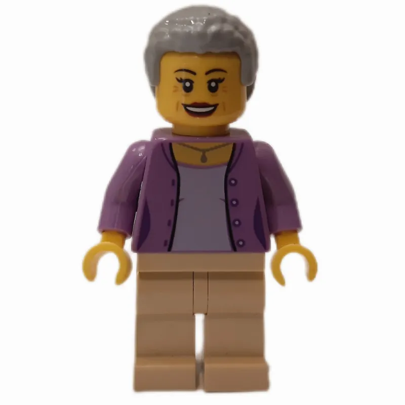 Woman, Lavender Top, Tan Legs, Light Bluish Gray Hair