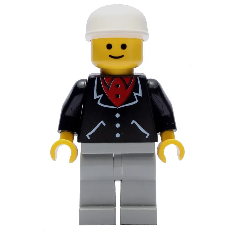 Man, Black Jacket over Red Shirt, Light Gray Legs, White Cap