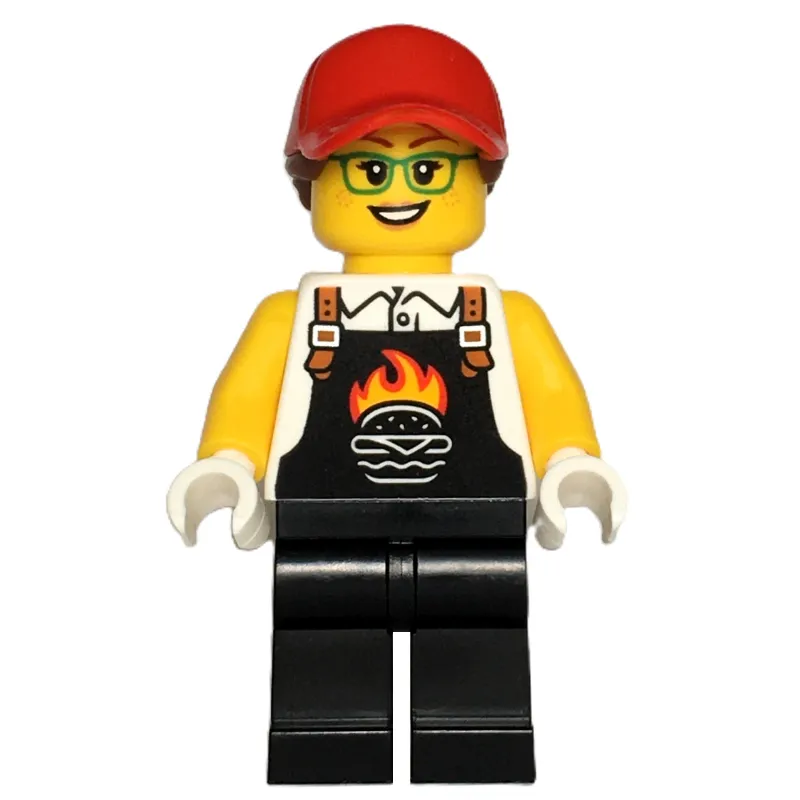 Chef, Black Apron with Flaming Burger, Black Legs, Red Cap, Glasses