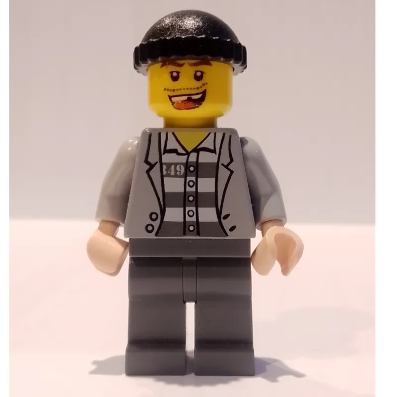 Criminal, Open Light Bluish Gray Jacket over Prison Shirt, Light Bluish Gray Legs, Black Hat, Missing Tooth