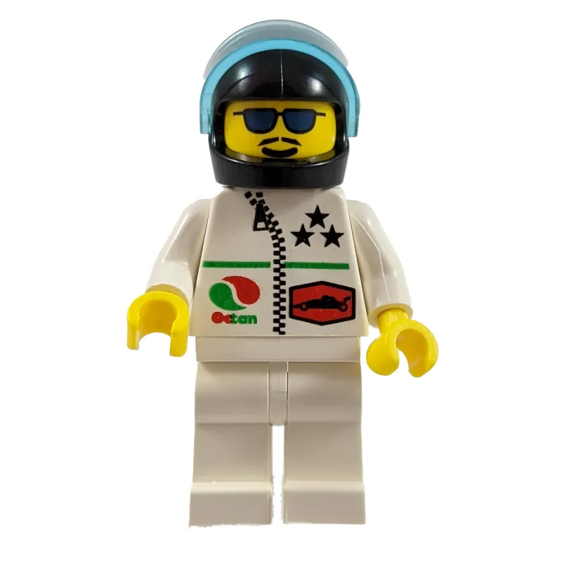 Racer, White Jacket with Zipper and Octan Logo, Black Helmet with Visor, Blue Sunglasses and Moustache