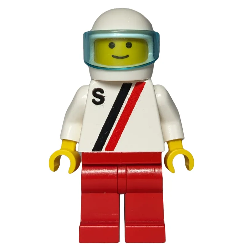 Man, White Shirt with Two Stripes and 'S', Red Legs, White Helmet with Visor