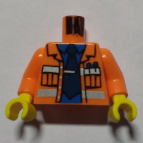 Torso Construction Jacket Open, Safety Stripes, Blue Shirt, Dark Blue Tie Print, Orange Arms, Yellow Hands