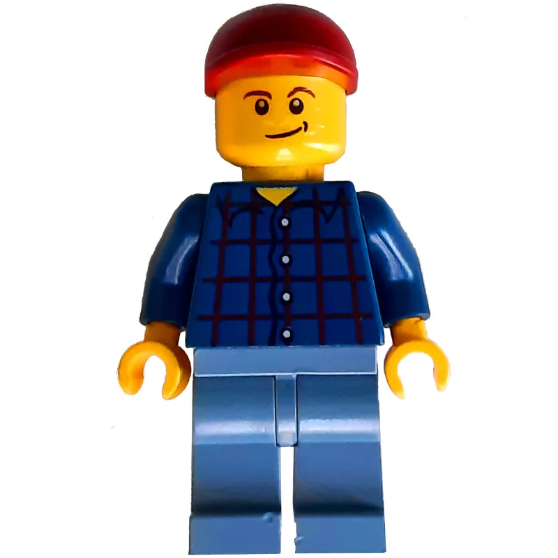 Man, Dark Blue Plaid Shirt, Sand Blue Legs, Dark Red Cap
