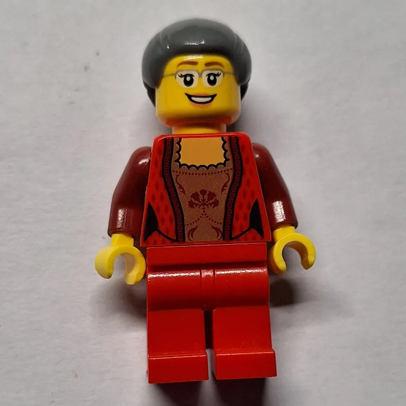 Woman, Red Cardigan, Red Legs, Dark Bluish Gray Hair, Glasses