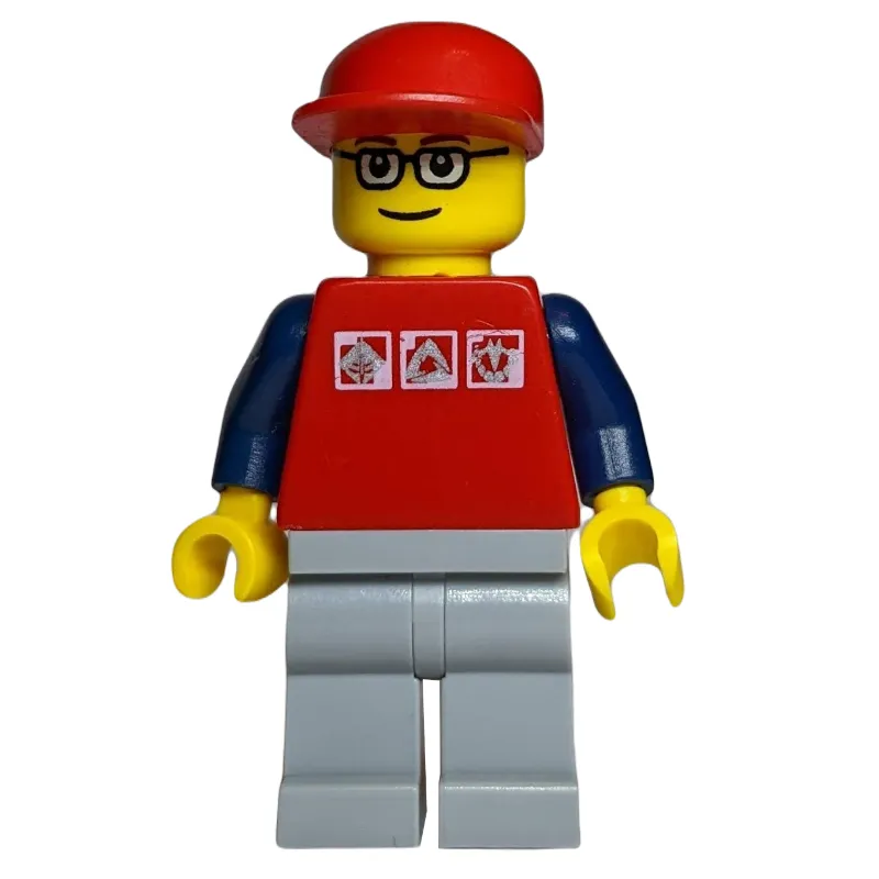 Man, Red Shirt with Dark Blue Arms, Red Cap, Glasses
